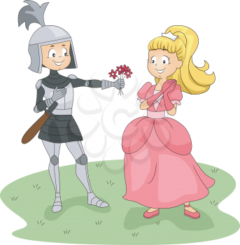 Illustration of a Knight Giving Flowers to a Princess