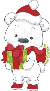 Illustration of a Polar Bear Holding a Gift