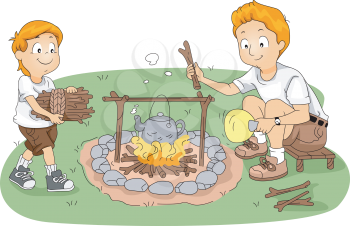 Illustration of Counselor/Father and Child Boiling Water at Camp