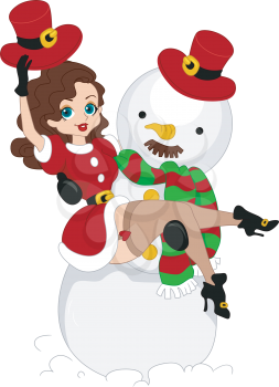 Illustration of a Pinup Girl Lying in the Arms of a Snowman