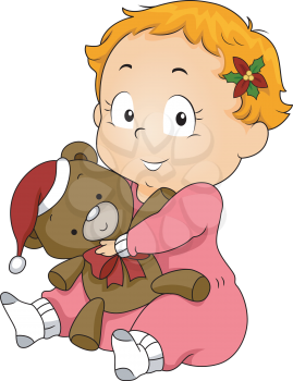 Illustration of a Kid Holding a Teddy Bear with a Christmas Costume