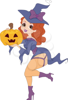 Illustration of a Pinup Girl Dressed as a Witch