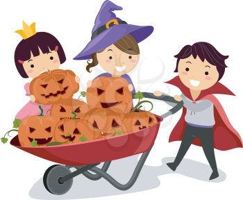 Illustration of Kids Pushing a Wheelbarrow Full of Pumpkins