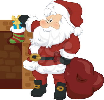 Illustration of Santa Claus Putting a Gift on a Christmas Stocking