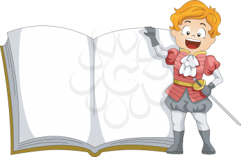 Illustration of a Kid Dressed as a Prince Standing Beside a Book