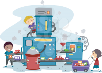 Illustration of Kids Playing in a Toy Car Factory