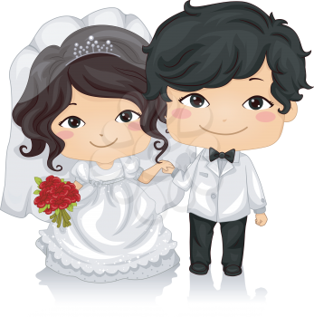 Illustration of a Young Asian Couple Wearing Wedding Costumes