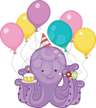 Illustration of an Octopus Celebrating Its Birthday