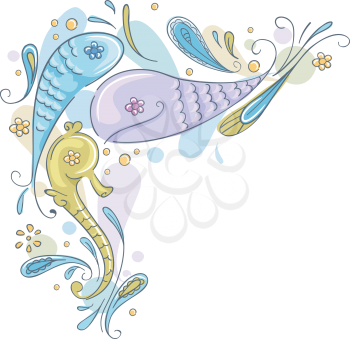 Illustration Featuring Underwater Animals (Fish, Seahorse) Paisley Design 