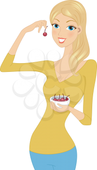 Illustration of a Girl Holding a Bowl of Cherries