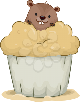 Illustration of a Groundhog Peeking From Behind a Cupcake