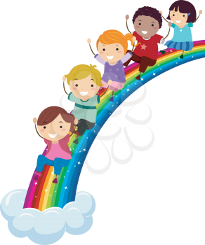 Royalty Free Clipart Image of Children Sliding Down a Rainbow