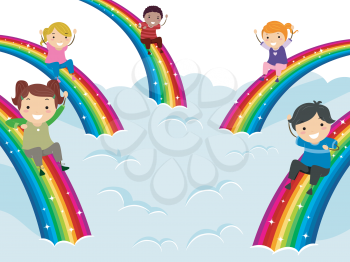 Royalty Free Clipart Image of Children Sliding Down Rainbows