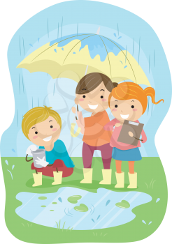 Royalty Free Clipart Image of Children Doing an Experment in the Rain