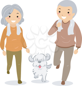 Royalty Free Clipart Image of a Senior Couple Walking Their Dog