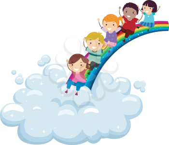 Royalty Free Clipart Image of Children Sliding Down a Rainbow to a Cloud