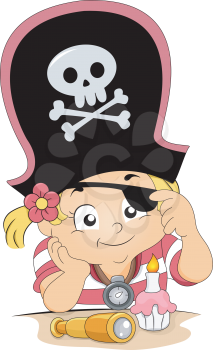 Royalty Free Clipart Image of a Girl Dressed Like a Pirate With a Cupcake and Candle