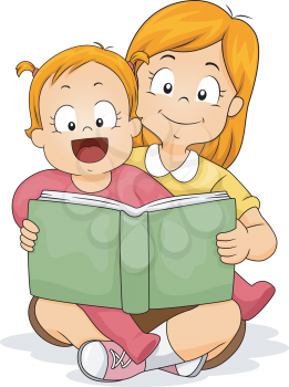 Royalty Free Clipart Image of a Girl Reading to Her Baby Sister