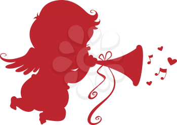 Royalty Free Clipart Image of a Cupid Playing Trumpet
