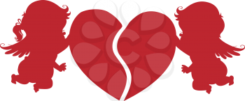 Royalty Free Clipart Image of Cupids Holding Pieces of a Heart