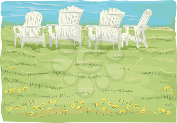 Royalty Free Clipart Image of Chairs in Grass at the Beach