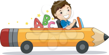 Royalty Free Clipart Image of a Boy in a Pencil Car