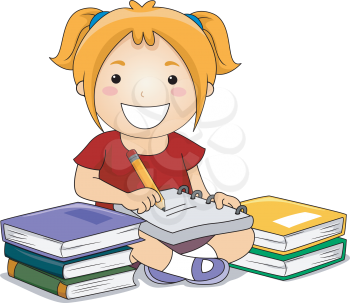 Royalty Free Clipart Image of a Girl With Books Writing Notes