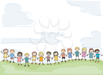 Royalty Free Clipart Image of Children Holding Hands Outside