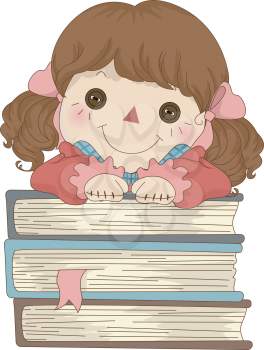 Royalty Free Clipart Image of a Rag Doll With Her Hands on a Pile of Books