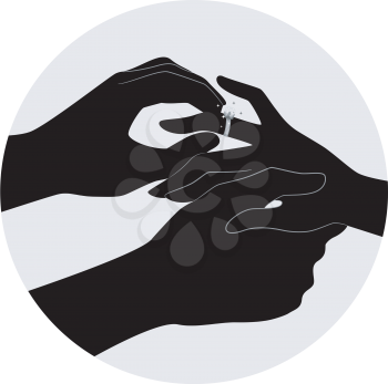 Royalty Free Clipart Image of a Silhouette of a Man Placing a Ring on a Woman's Finger