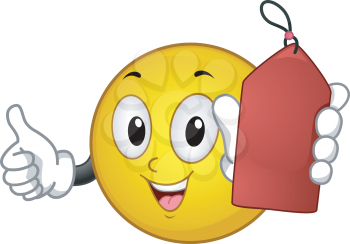 Royalty Free Clipart Image of a Smiley Face Holding a Red Tag