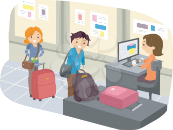 Royalty Free Clipart Image of People Checking Their Luggage at an Airport