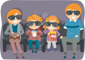 Royalty Free Clipart Image of a Family Watching a 3D Movie