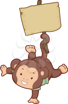 Royalty Free Clipart Image of a Monkey Holding a Sign in Its Tail