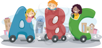 Royalty Free Clipart Image of Children Riding in ABC Cars