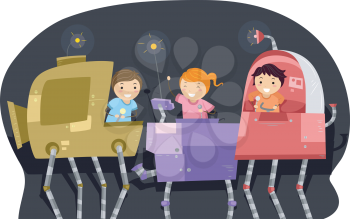 Royalty Free Clipart Image of Children Riding on Robots