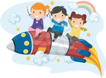 Illustration of Little Kids riding on a Rocket