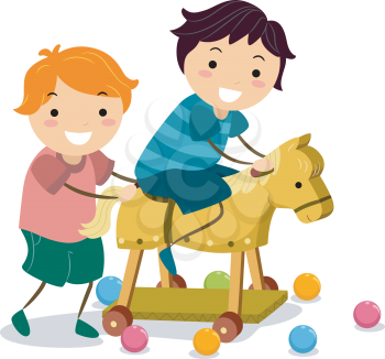 Royalty Free Clipart Image of Boys Playing on a Wooden Horse