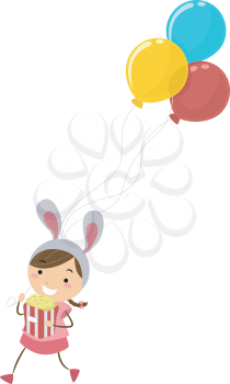 Royalty Free Clipart Image of a Child Dressed as a Bunny With Balloons