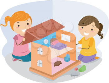 Royalty Free Clipart Image of Two Girls Playing With a Dollhouse
