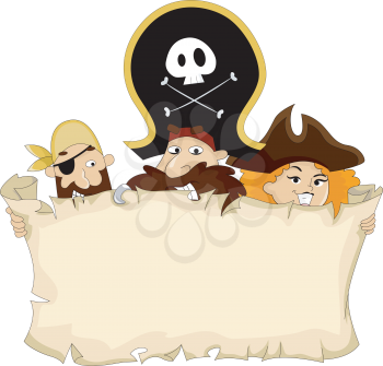 Royalty Free Clipart Image of Pirates Behind a Blank Map