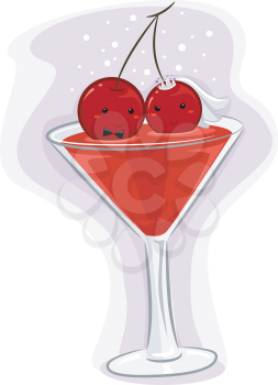 Illustration of Red Wine on Cocktail Glass with Cherry Bride and Groom on Top
