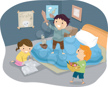 Illustration of Stickman Kids Playing Pirates in Bedroom