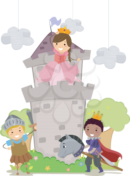 Illustration of Stickman Kids Playing Prince, Princess and Kight in School Play