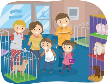 Illustration of Stickman Family Buying a Dog From a Pet Store