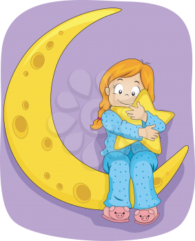 Illustration of Little Kid Girl on Pajamas sitting on the Moon while hugging a Star