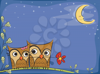 Illustration of Owl Couple in Nighttime Background