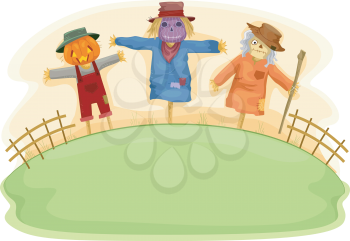 Illustration of Scary Scarecrows on a Fiels