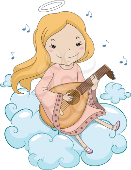 Illustration of a Girl Angel Sitting on Clouds Playing Lute