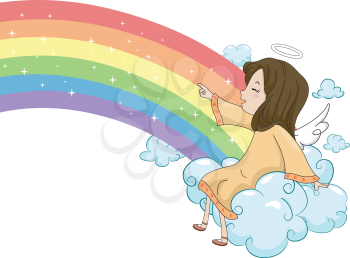 Illustration of a Laughing Girl Angel Sitting on a Cloud and Pointing on a Rainbow